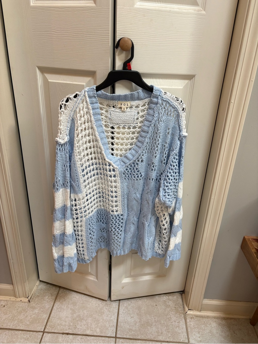 POL Light Blue & White Open-Knit V-Neck Sweater